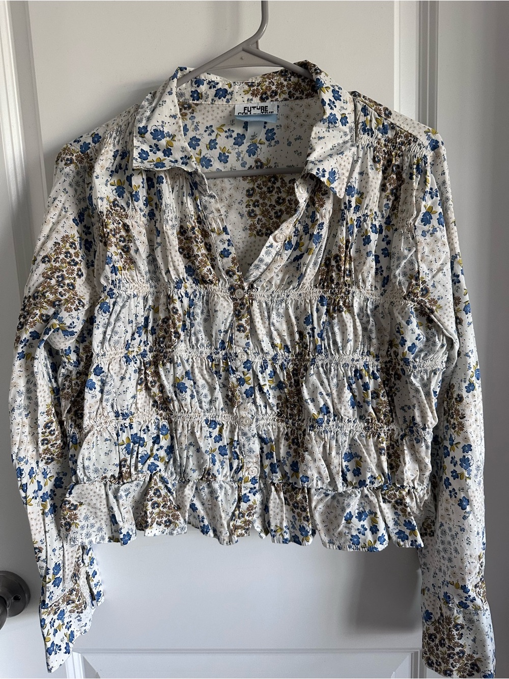 Floral Smocked Button-Down Blouse in White with Blue and Brown Accents